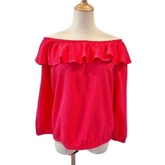 Michael Kors Seersucker Sangria Off the Shoulder Blouse Small NEW - Picture 7 of 11
